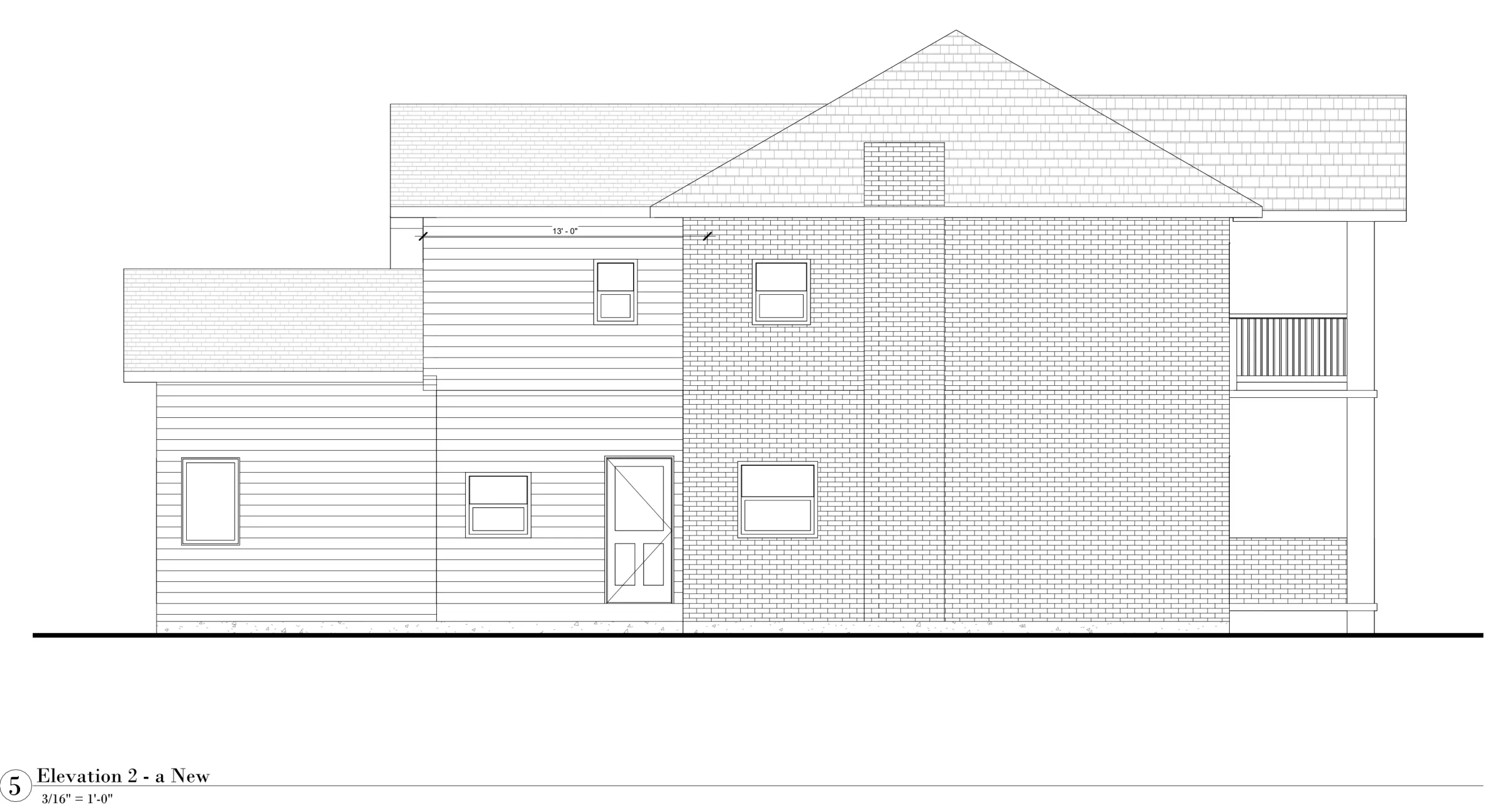 Side elevation of the same house with the rear additions