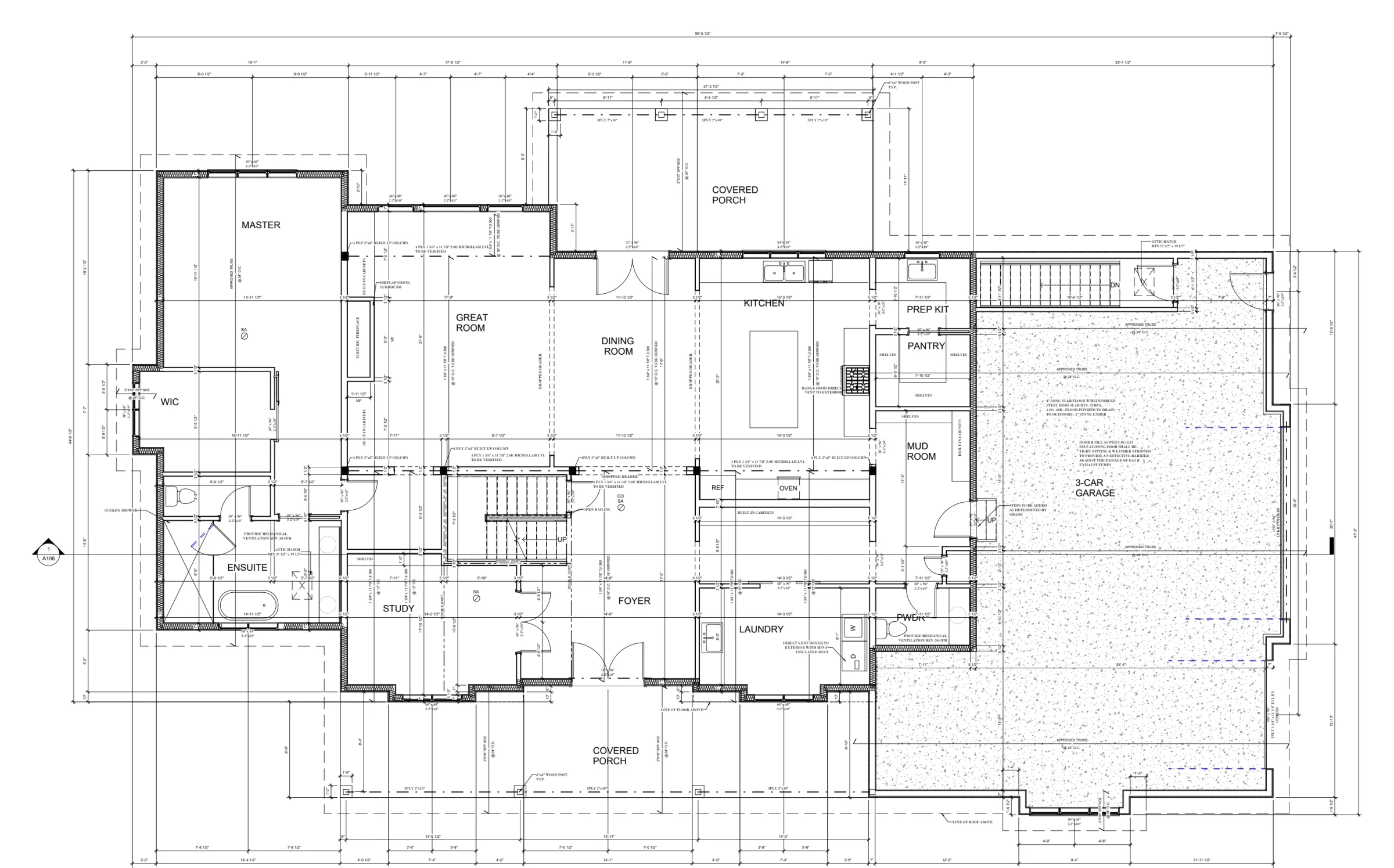 First floor plan of a two-storey house with a great room, kitchen, study and three-car garage