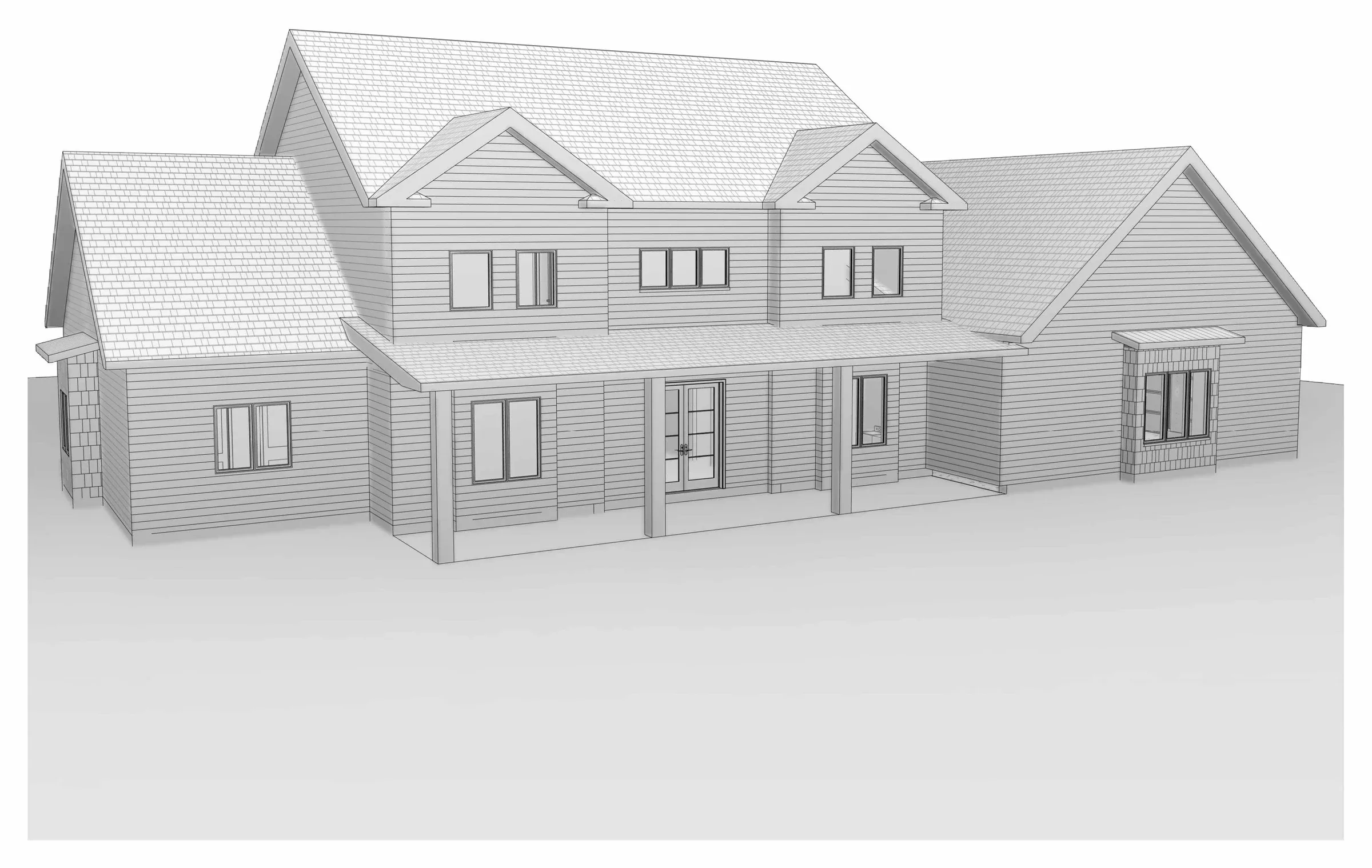 3D model view of a two-storey house with gables and a covered front porch