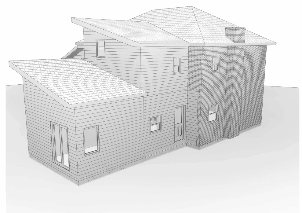3D model view of a two-storey house with additions at the rear