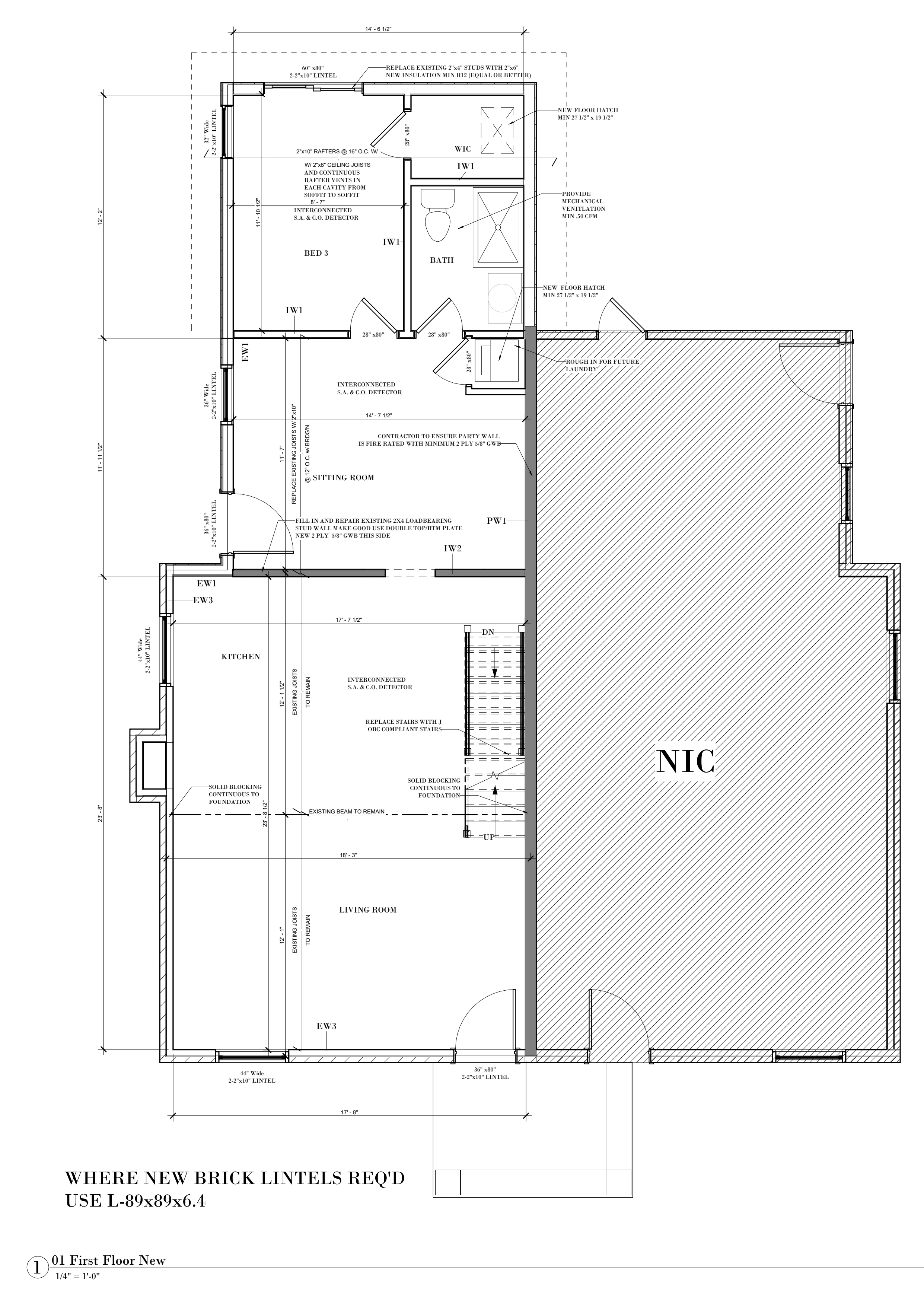 First floor plan with a bedroom, bathroom, walk-in closet, sitting room, kitchen and living room, with the adjoining unit shaded and marked NIC