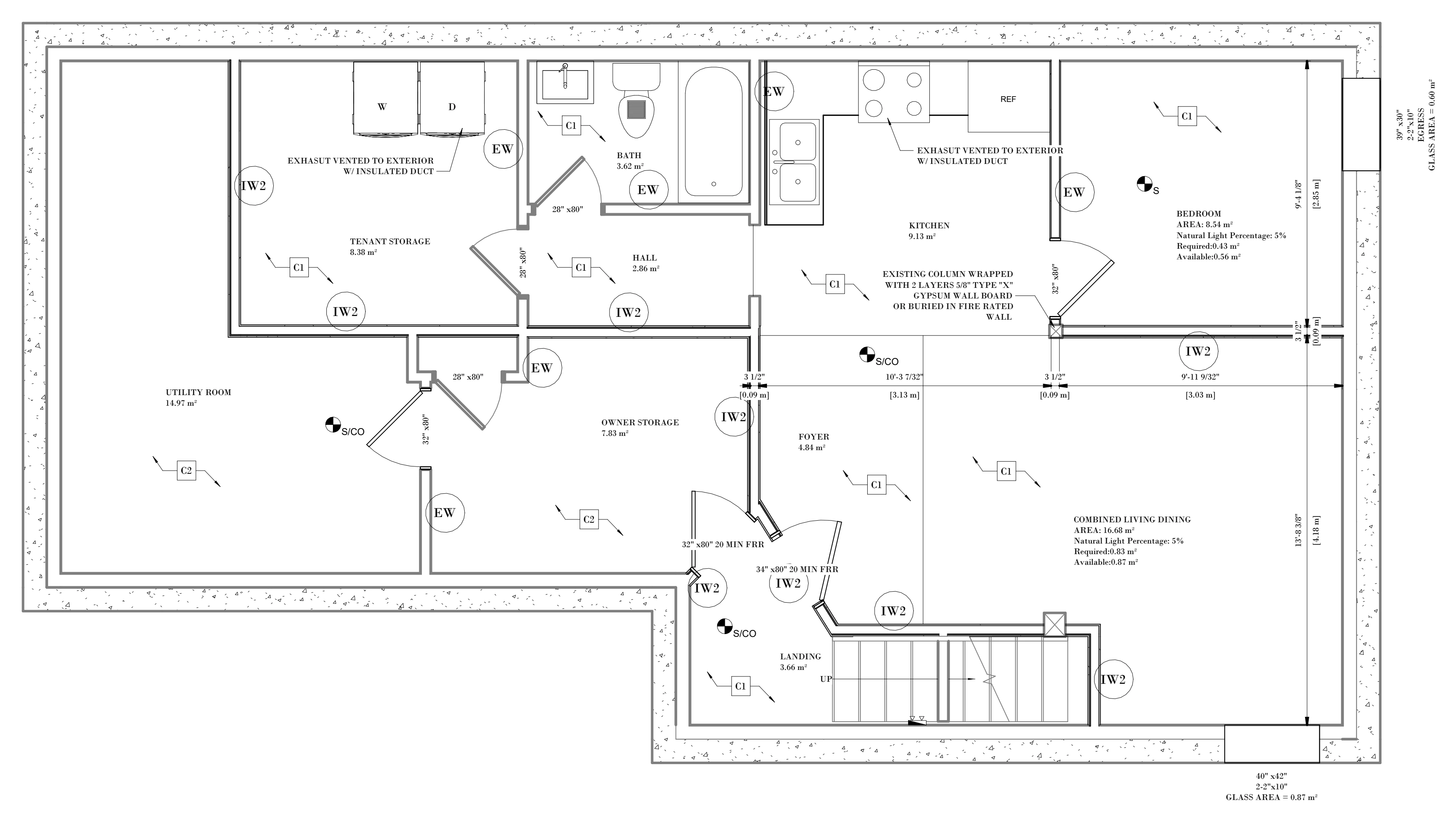 Proposed basement unit plan with a bedroom, kitchen, bathroom, storage and fire-rated doors