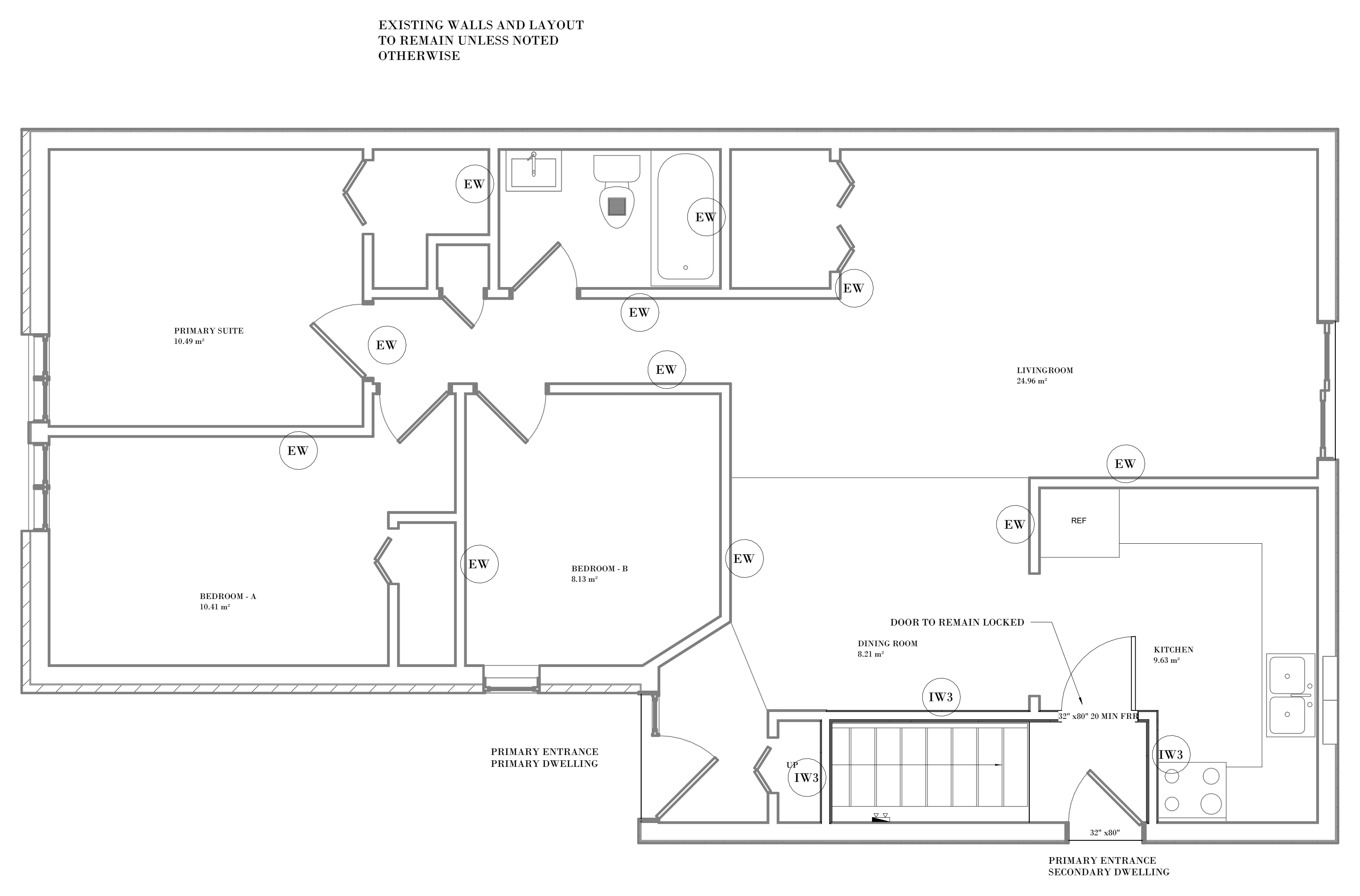 First floor plan marking separate entrances for the main dwelling and the secondary unit