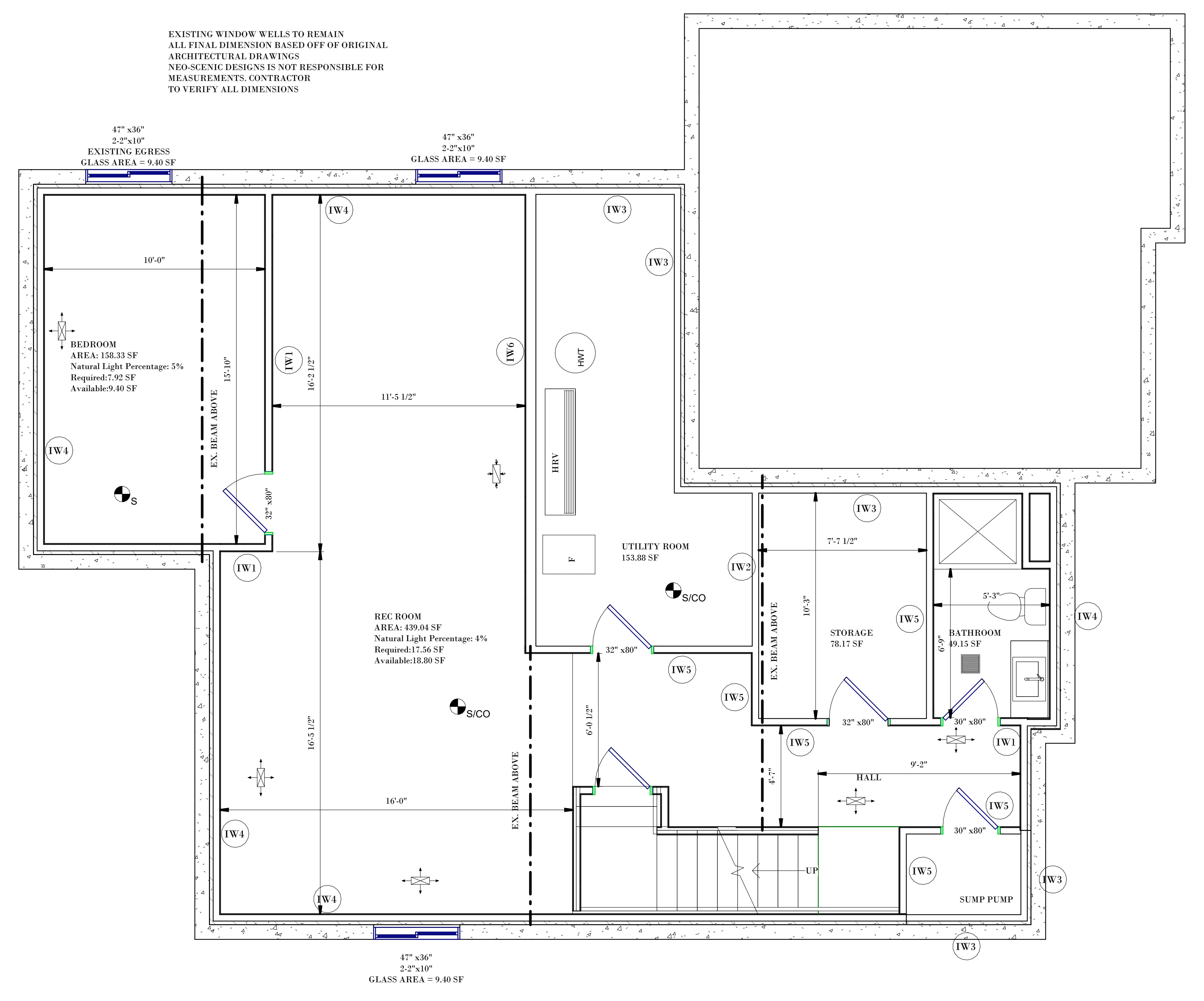 Proposed finished basement plan with a bedroom, recreation room, bathroom, storage and utility room, with dimensions and wall type tags