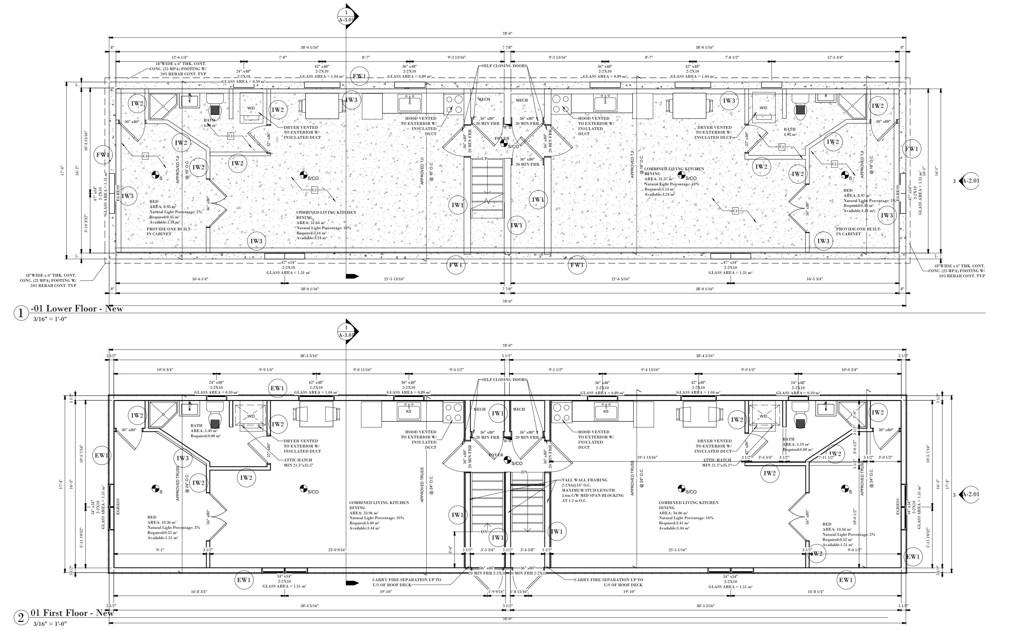 Lower and first floor plans of a four-unit building, each floor with two one-bedroom units on either side of a shared foyer and stairs
