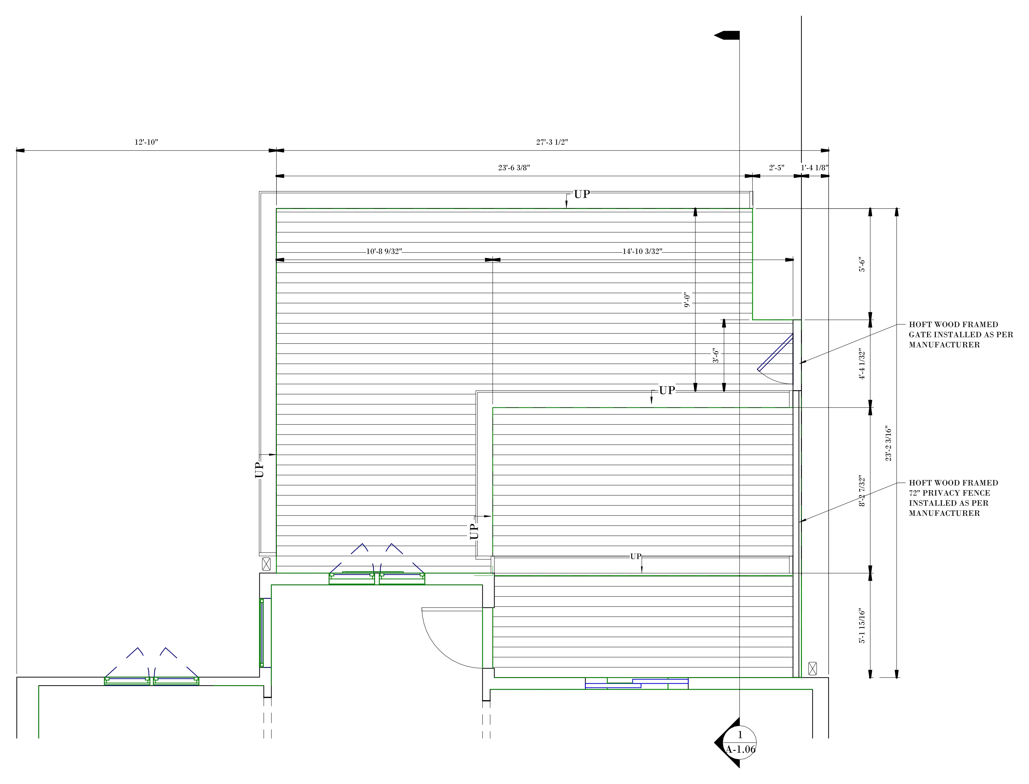 Plan of a two-level rear deck with dimensions, stairs, a gate and a privacy fence