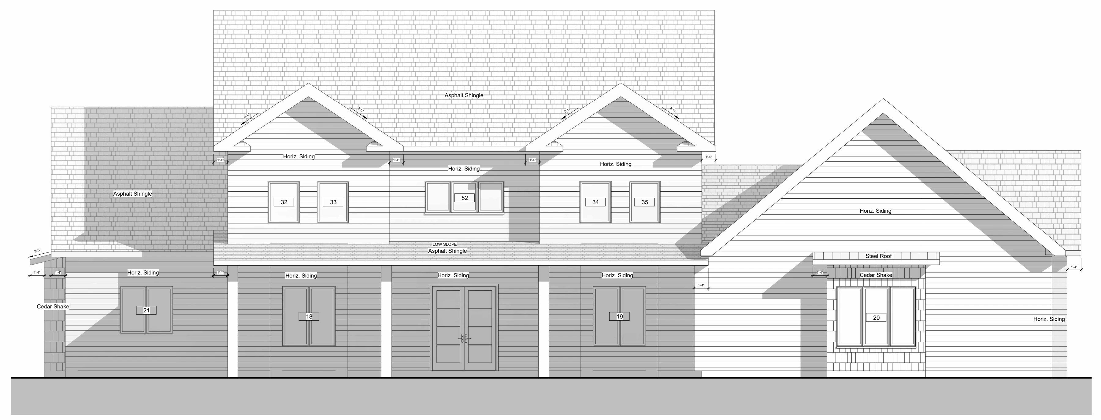 Front elevation of a two-storey house with gables, a covered porch and labelled siding, shingles and window tags