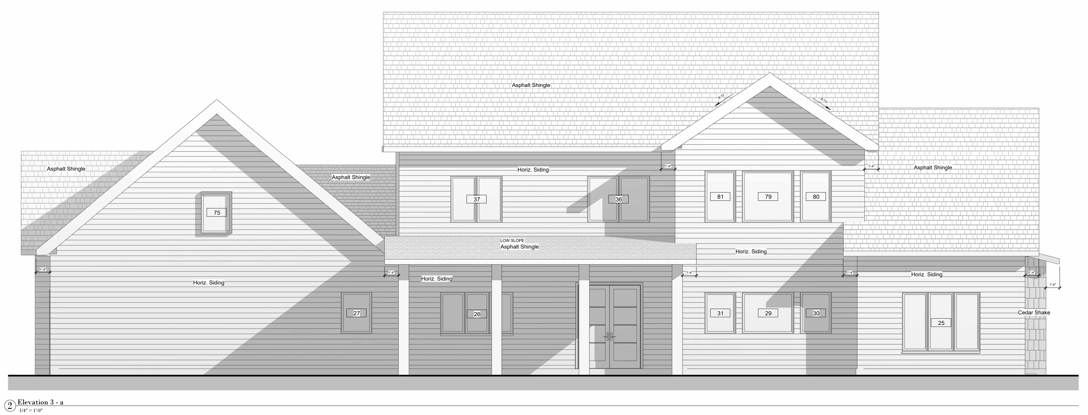 Rear elevation of the same two-storey house with gables, a covered rear porch and labelled siding, shingles and window tags
